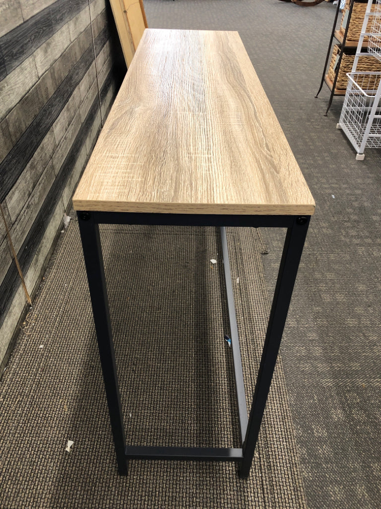 METAL BASE, WOOD TOP SOFA TABLE.