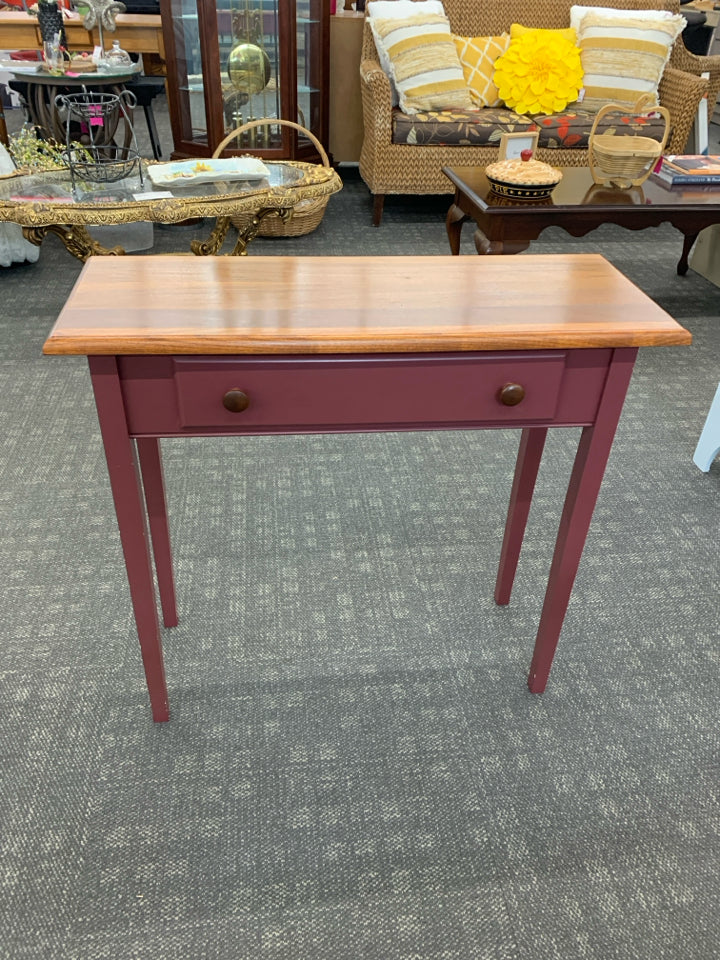 WOOD SOFA TABLE W/DRAWER AND RED PAINTED LEGS.