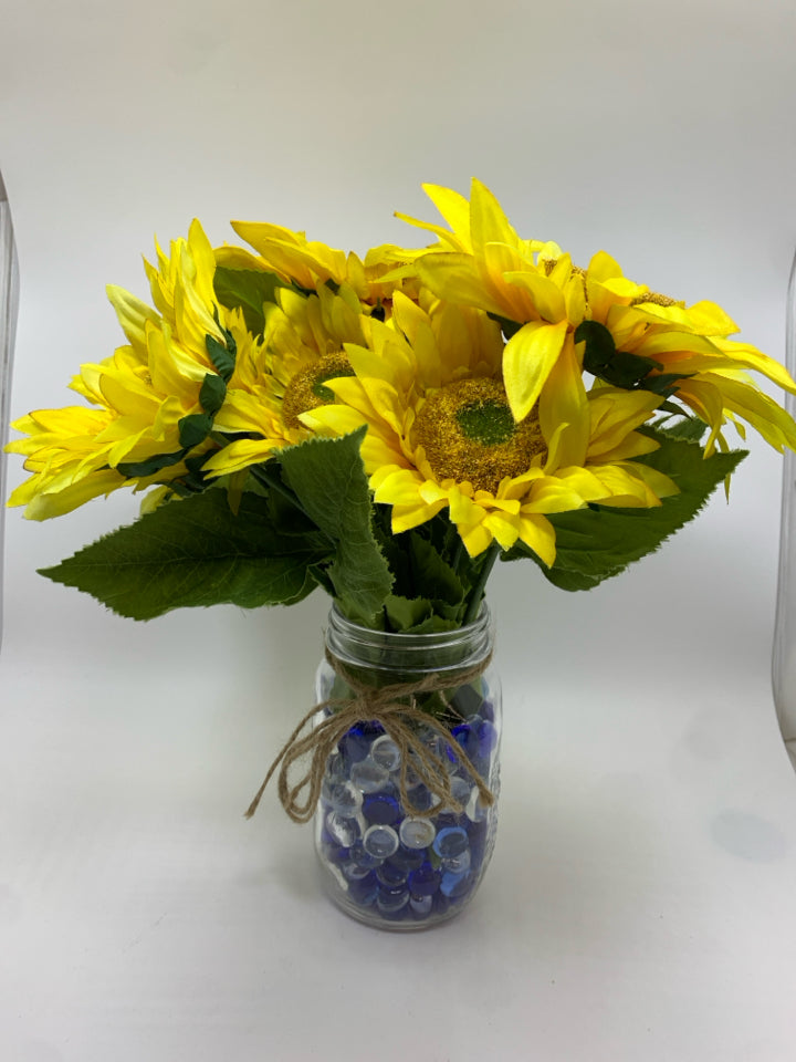 FAUX SUNFLOWERS IN JAR W/GLASS BEADS.