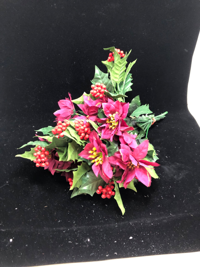FAUX HOLLY AND PURPLE FLOWER BOUQUET.