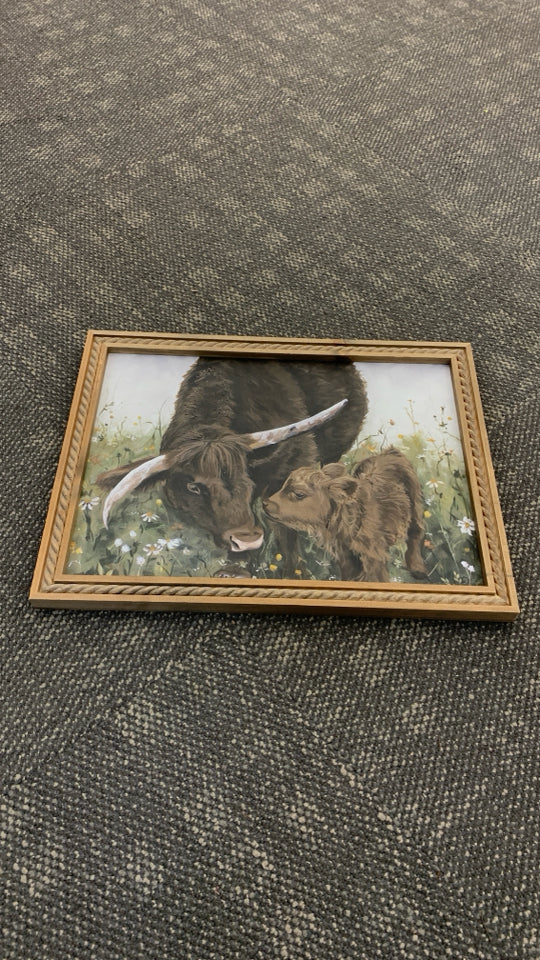 COW AND BABY PAINTING IN WOOD FRAME.