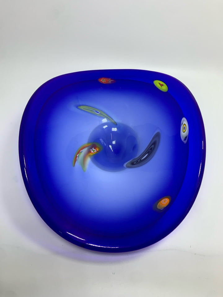 BLUE BLOWN GLASS BANANA BOAT BOWL CENTERPIECE.