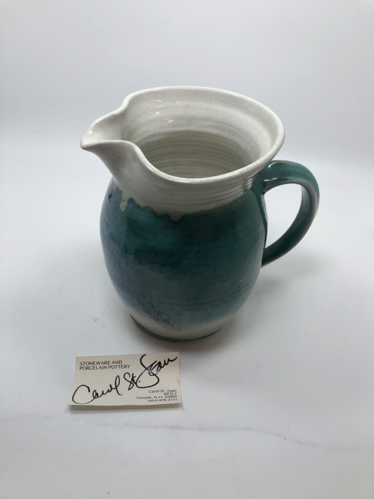 TEAL & WHITE STONEWARE PITCHER.