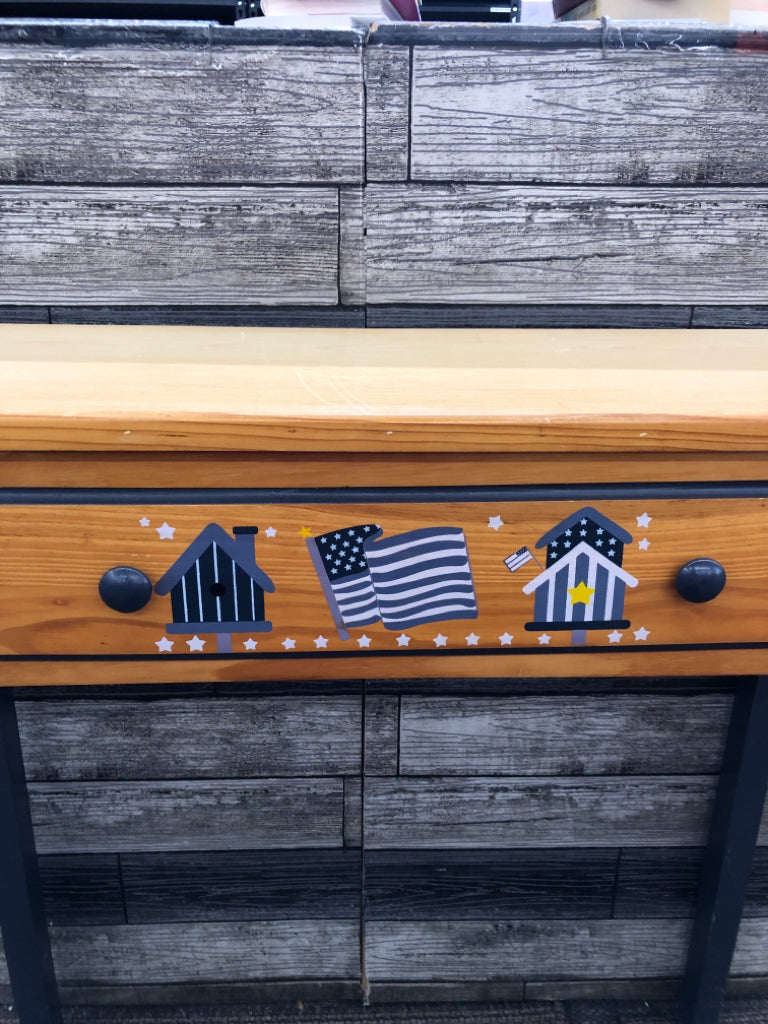 WOOD FLAG+ BIRDHOUSE CONSOLE TABLE W-BLUE LEGS.
