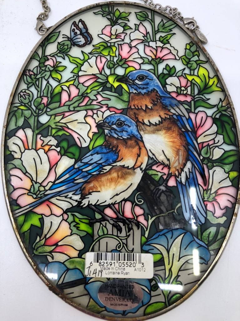 OVAL PAINTED BLUE BIRDS ON GLASS WALL ART.