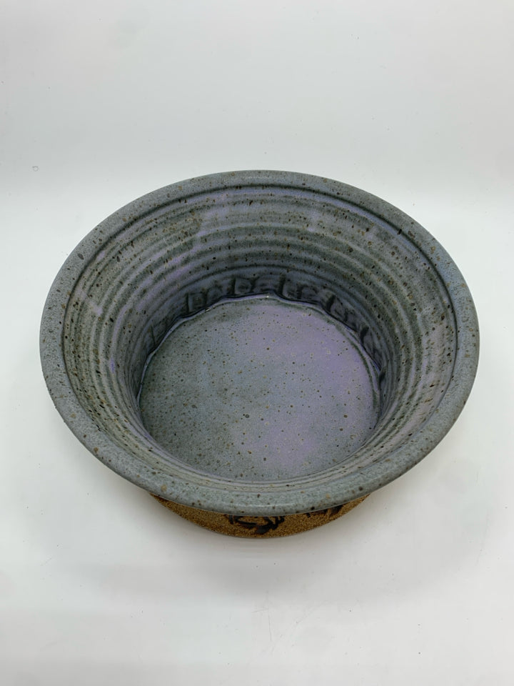 BLUE SPECKLED POTTERY BOWL W/STAMPED CRAB DESIGNS.