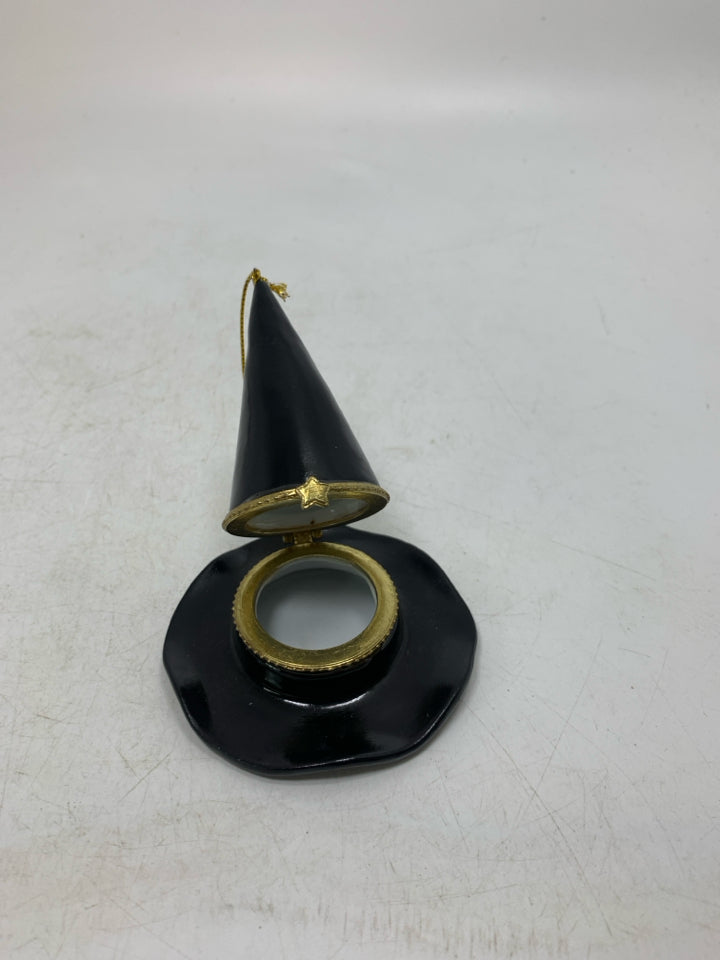 BLACK WITCH HAT CERAMIC TRINKET BOX ORNAMENT.