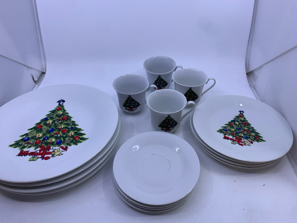 16 PC CHRISTMAS TREE WHITE DINNER SET.