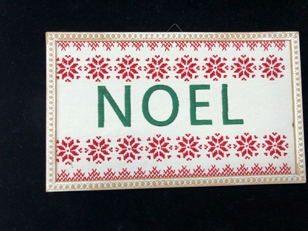 EMBROIDERED NOEL WHITE WASHED WALL DECOR.