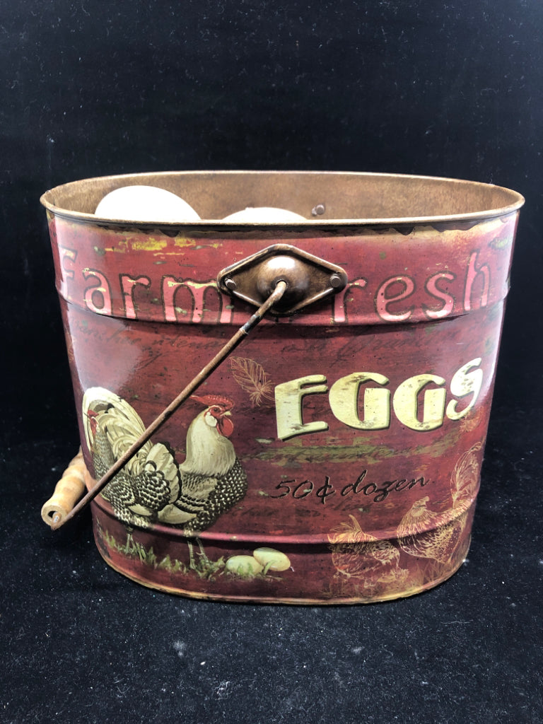 RED METAL ROOSTER BUCKET W FAUX EGGS.