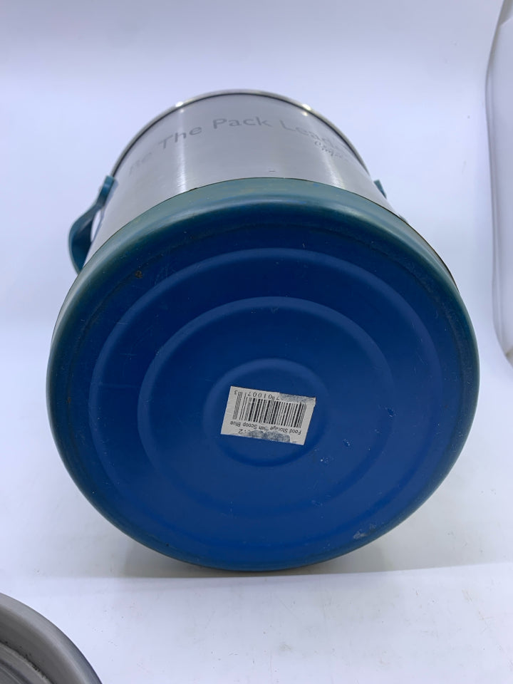 TALL SILVER ICE BUCKET WITH TEAL FAUX LEATHER STRAPS.
