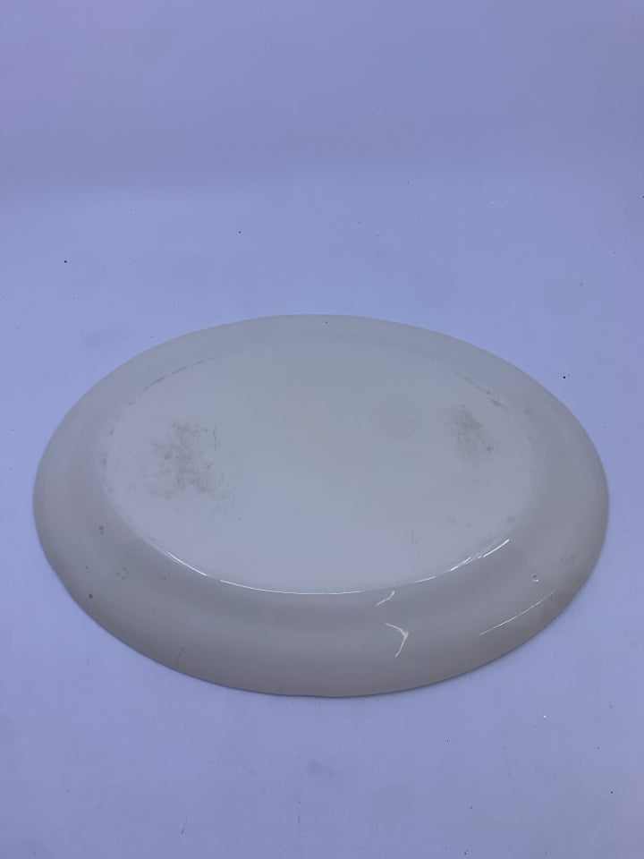 VTG CREAM OVAL SERVING PLATTER W/ FLOWER CLUSTER IN CORNER.