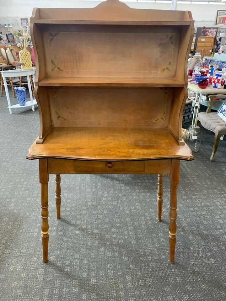 VTG WOOD HUTCH TABLE/ DESK- 3 SHELVES PAINTED LEAVES DETAIL.