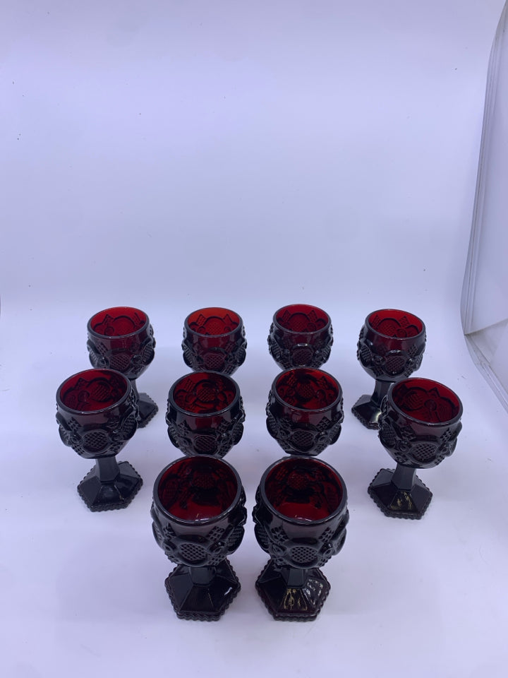 10 VTG AVON CRANBERRY EMBOSSED GOBLETS.