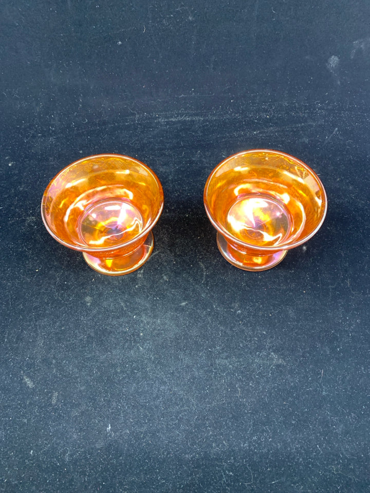 2 FOOTED VTG CARNIVAL GLASS DESSERT BOWLS.