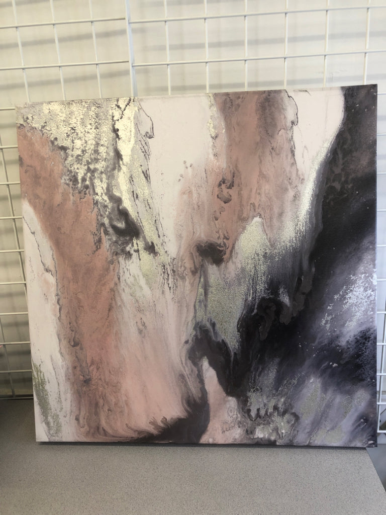 ABSTRACT GREY MARBLE CANVAS W/ PINK.