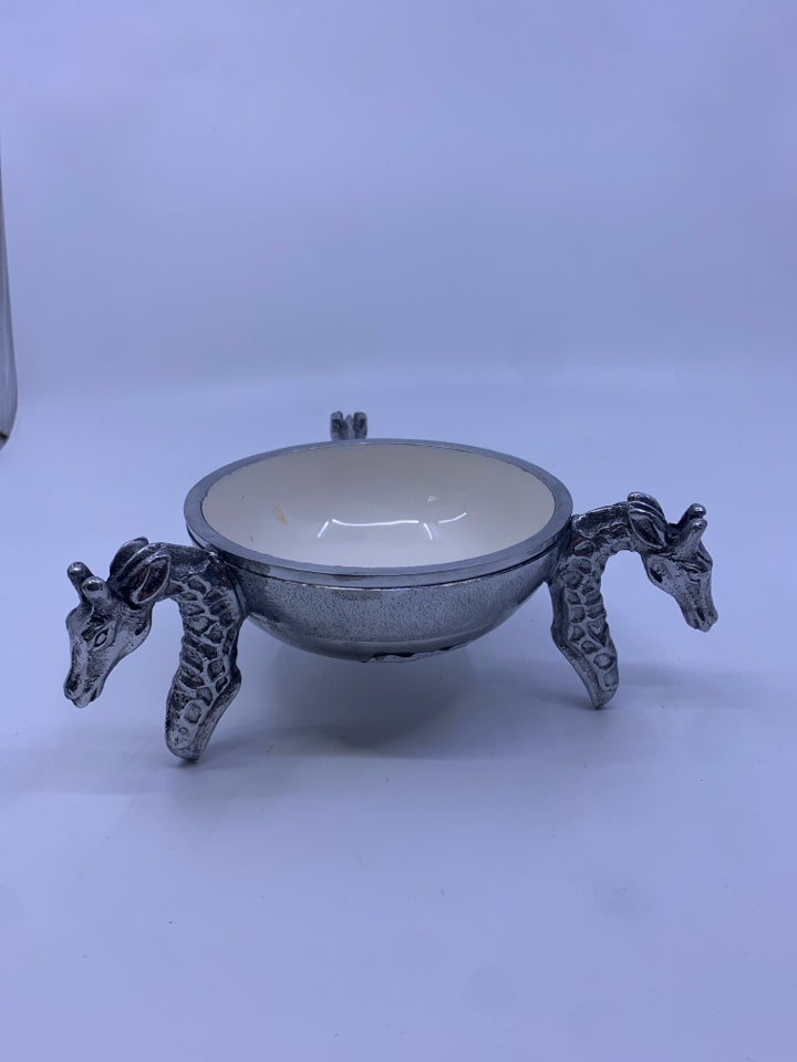 METAL FOOTED BOWL W GIRAFFE AND WHITE INSIDE.