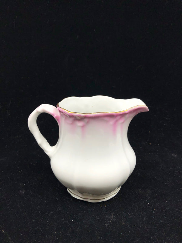 VTG WHITE PITCHER W PINK AND GOLD RIM.