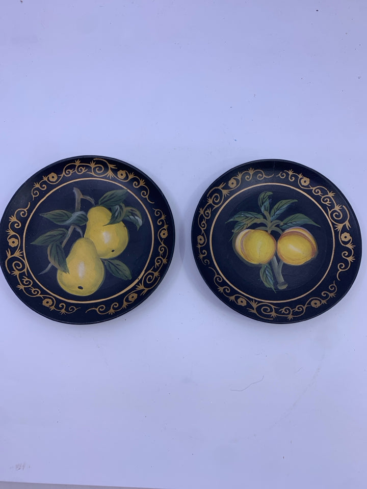 2 BLACK VTG PAINTED FRUIT PLATES.