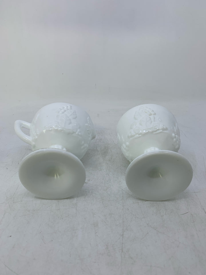2 PC FOOTED WHITE GLASS W/ EMBOSSED GRAPES.