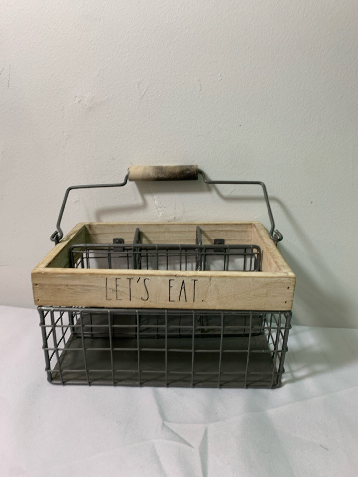 RAE DUNN METAL/WOOD UTENSIL CADDY.