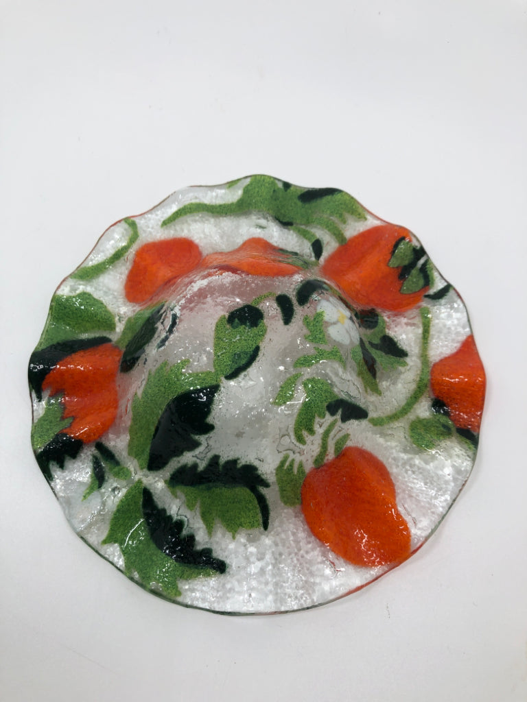STRAWBERRY BOWL W/RUFFLE EDGE- FUSED GLASS.