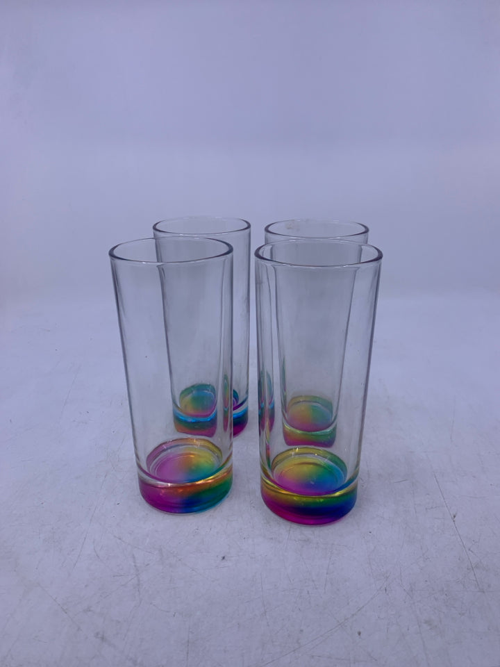 4 SKINNY GLASSES W/ RAINBOW BOTTOM.