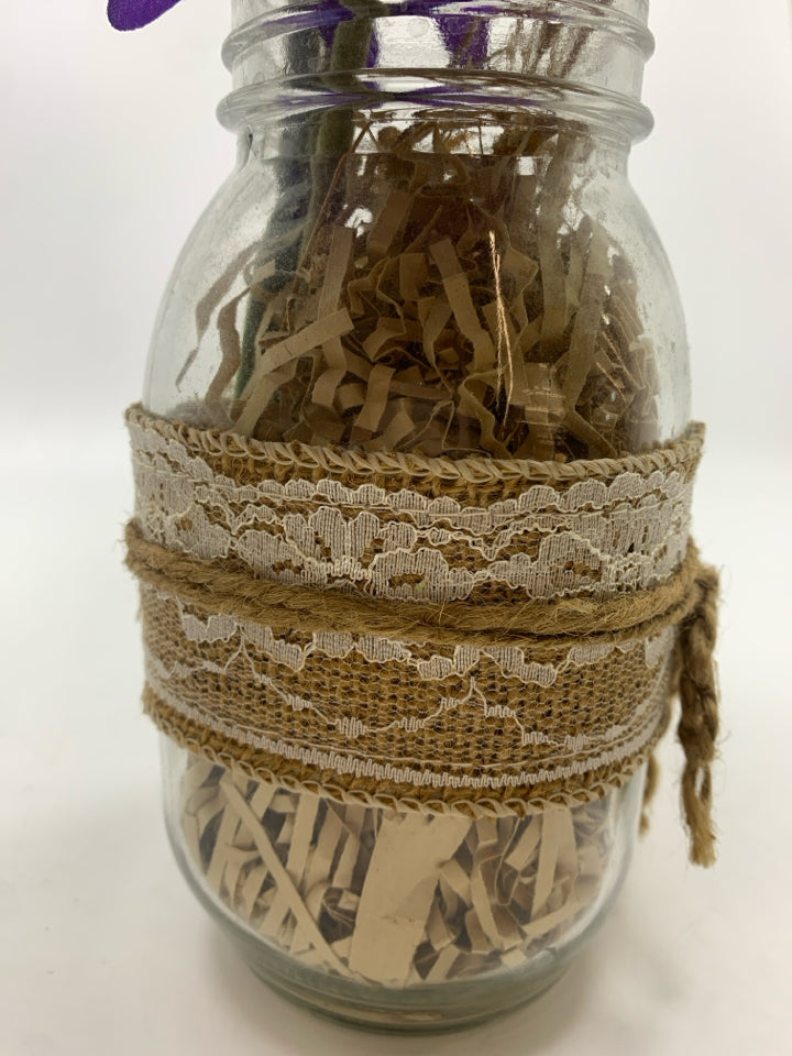 BLUE/PURPLE HYDRANGEA IN LACE WRAPPED GLASS JAR.