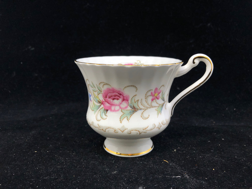 VTG CHATELAINE TEA CUP + SAUCER W BLUE AND PINK FLOWER DESIGN.