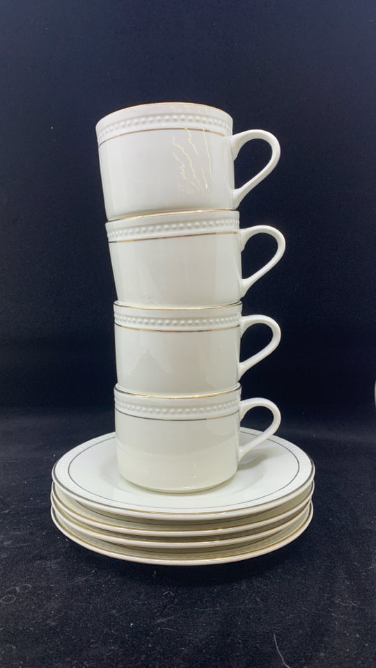 4 CREAM CUPS + SAUCERS- CREAM W/GOLD RIM.