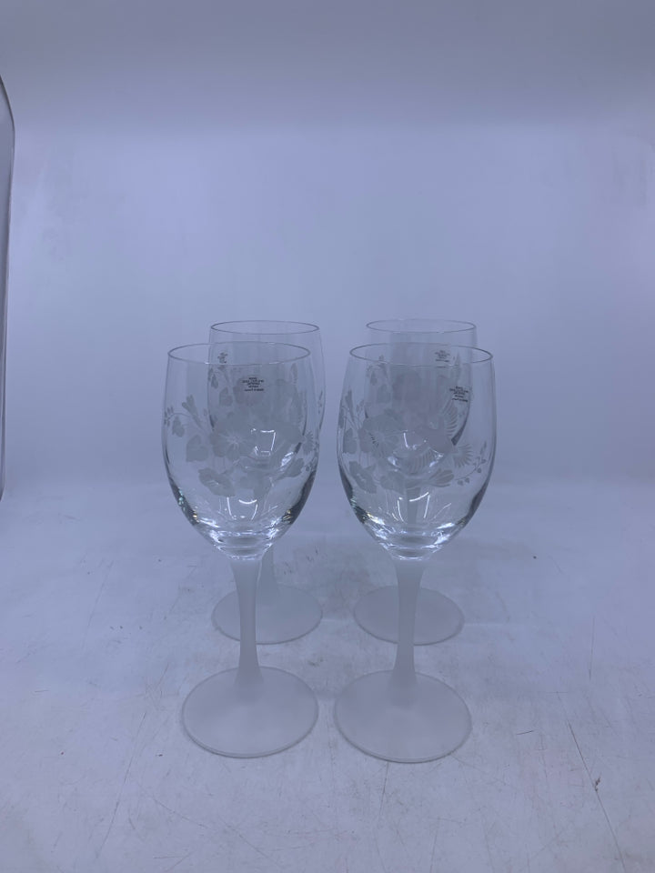 4 FROSTED STEMS W/ HUMMING BIRDS WINE GLASSES.
