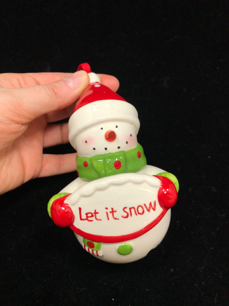 SNOWMAN LET IT KNOW CERAMIC BELL ORNAMENT.