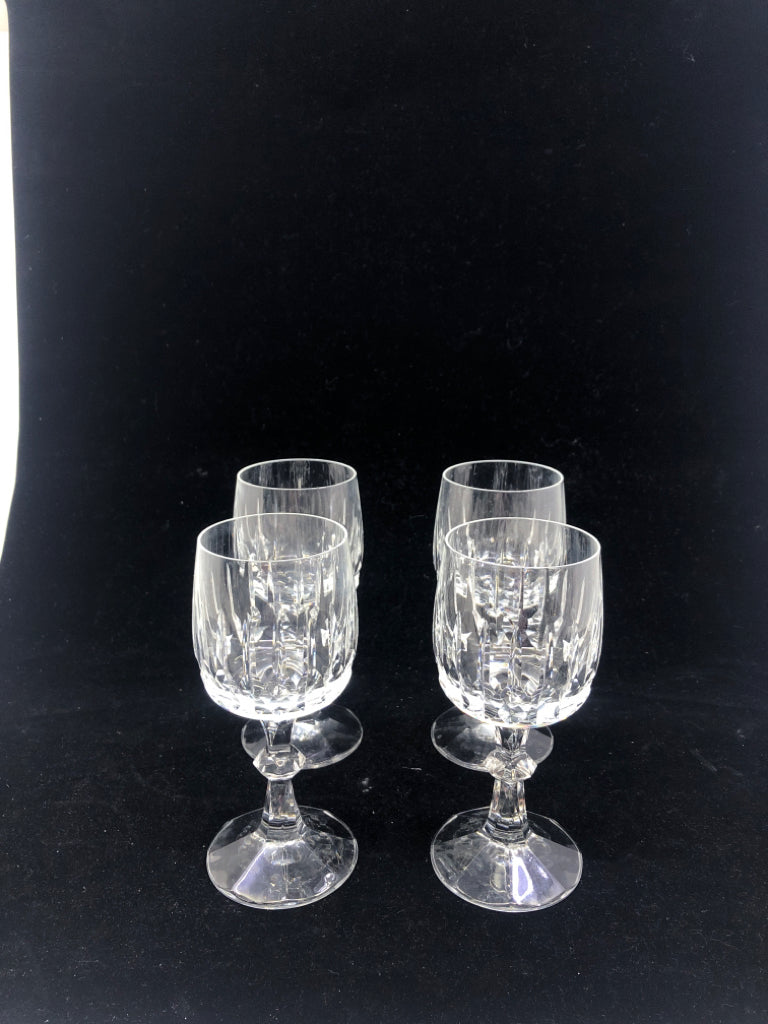 4 CRYSTAL CUT GLASS WINE GLASSES.