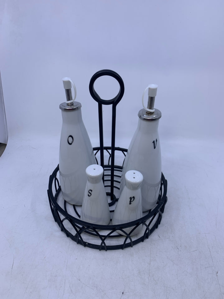 5 PC WHITE CERAMIC OIL/VING & SALT/PEPPER IN BLACK METAL STAND.