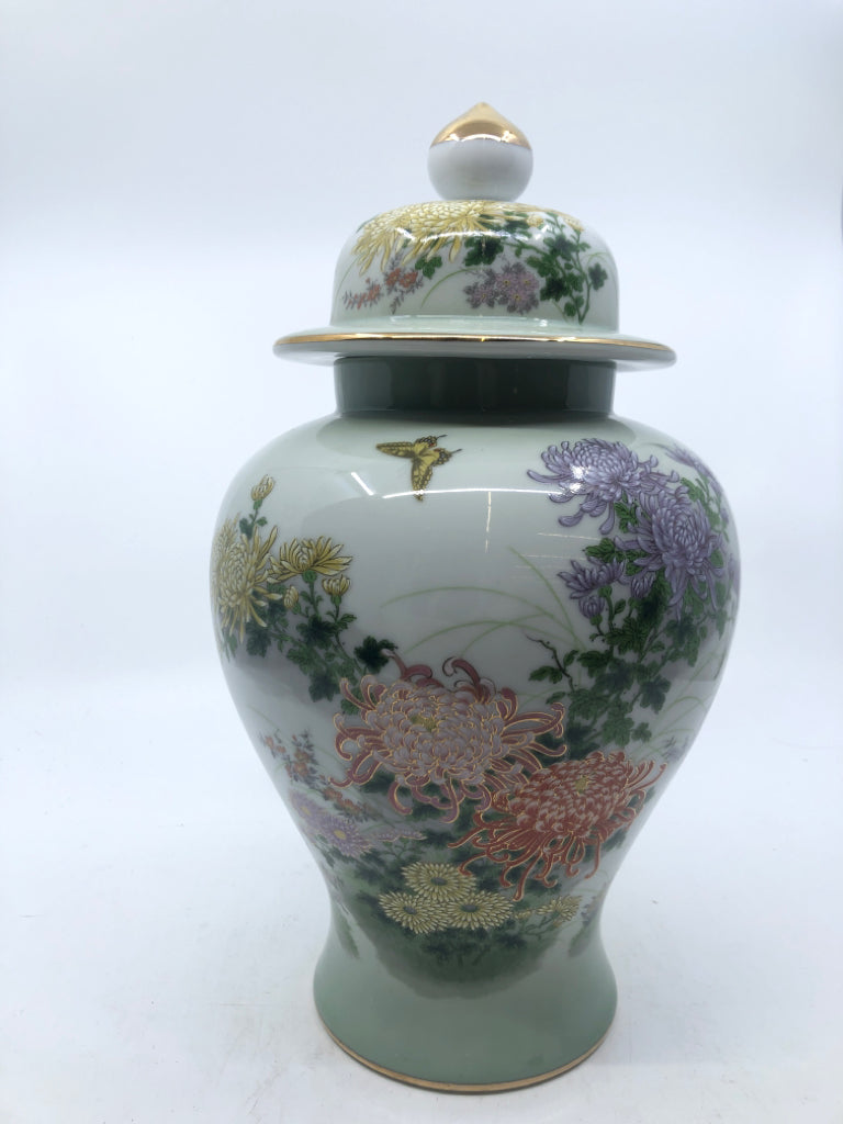 MIDORI KIKU GINGER JAR W/ PURPLE,YELLOW,PINK,RED FLOWERS YELLOW BUTTERFLY.