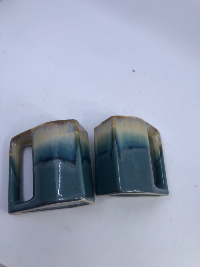 2 DRIP GLAZE POTTERY BLUE MUGS.