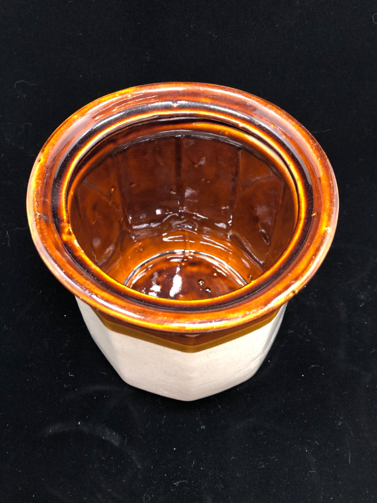4 BROWN DIPPED CERAMIC CANISTERS.
