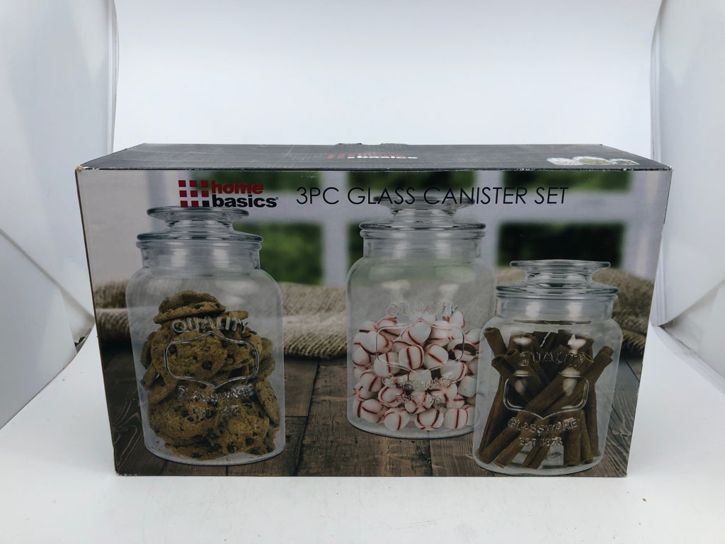 NIB 3 PC GLASS CANISTER SET.