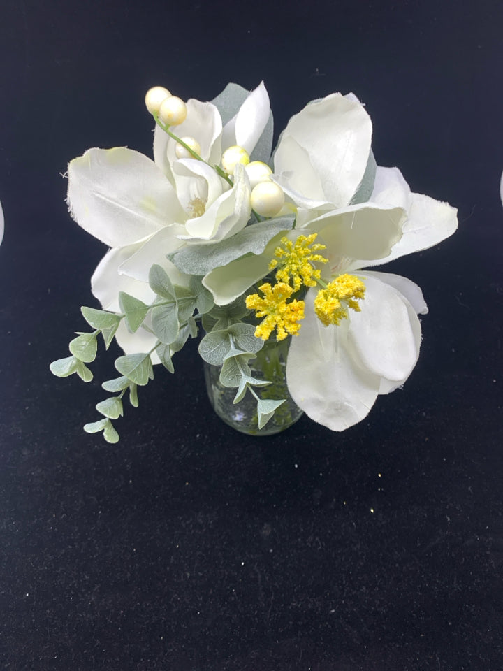 MASON JAR W/2 FAUX WHITE FLOWERS IN FAUX WATER.