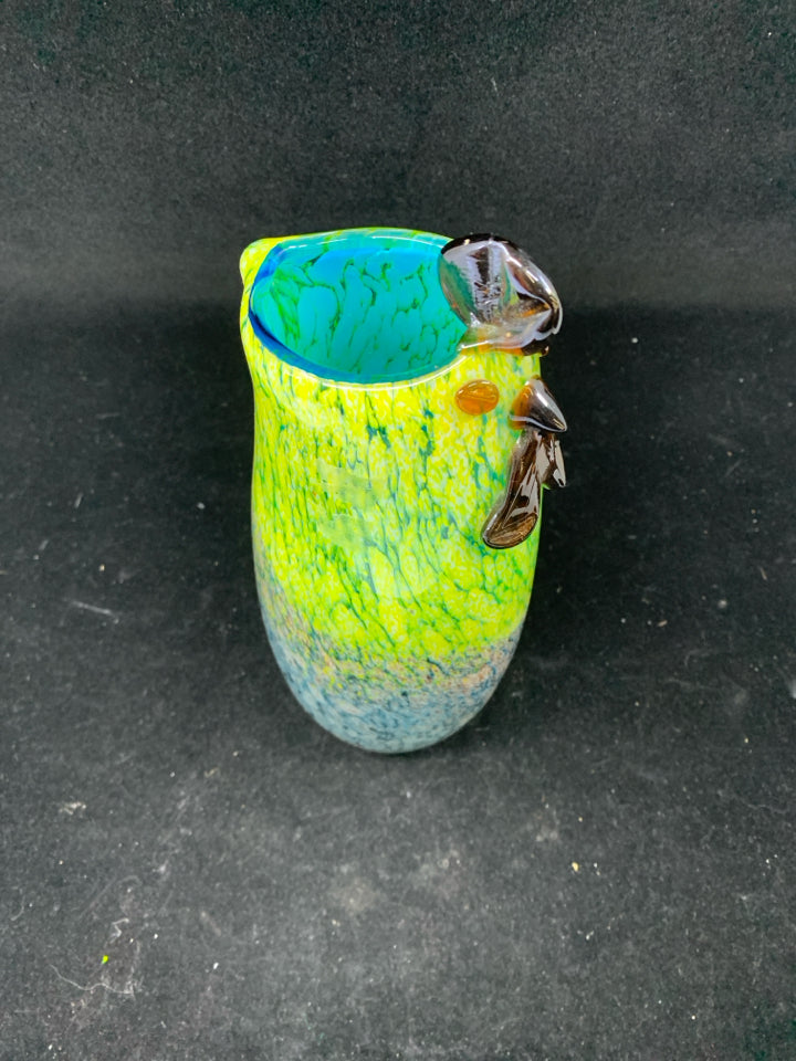 YELLOW,BLUE BLOWN GLASS ROOSTER VASE.