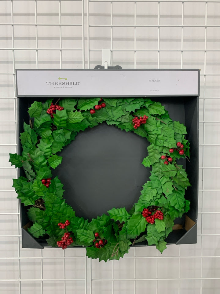 NIB FAUX HOLLY & BERRIES WREATH -THRESHOLD.