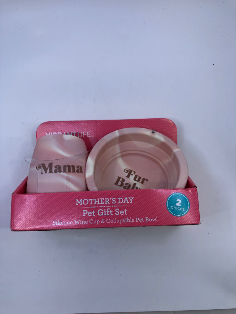 NIB MAMA WINE GLASS AND PET BOWL.