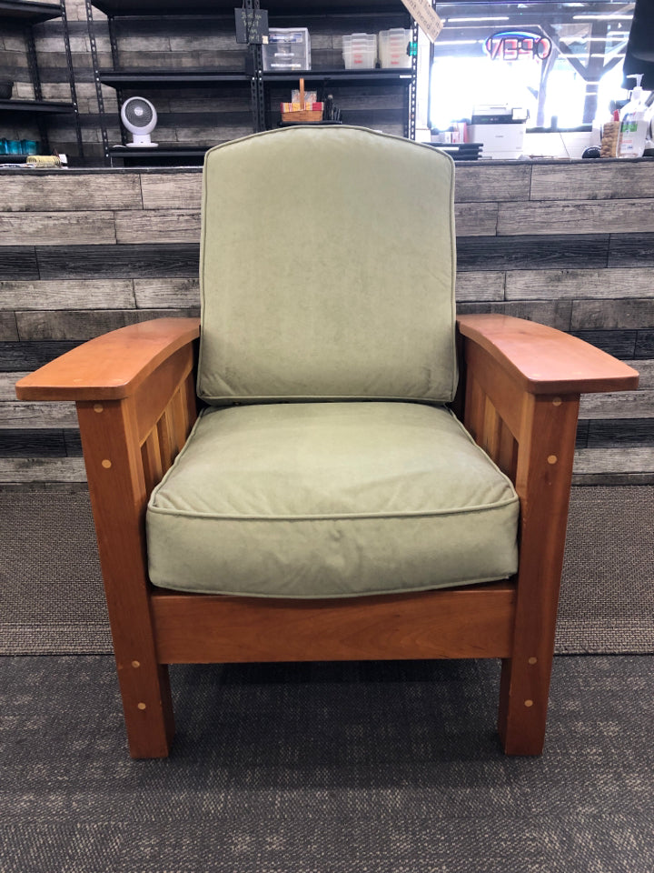 OAK WOOD W/ GREEN CUSHION POUCH CHAIR W/ OTTOMAN.