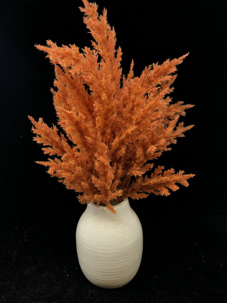 WHITE CERAMIC CRACKLE VASE W/FAUX ORANGE FEATHERED LEAVES.