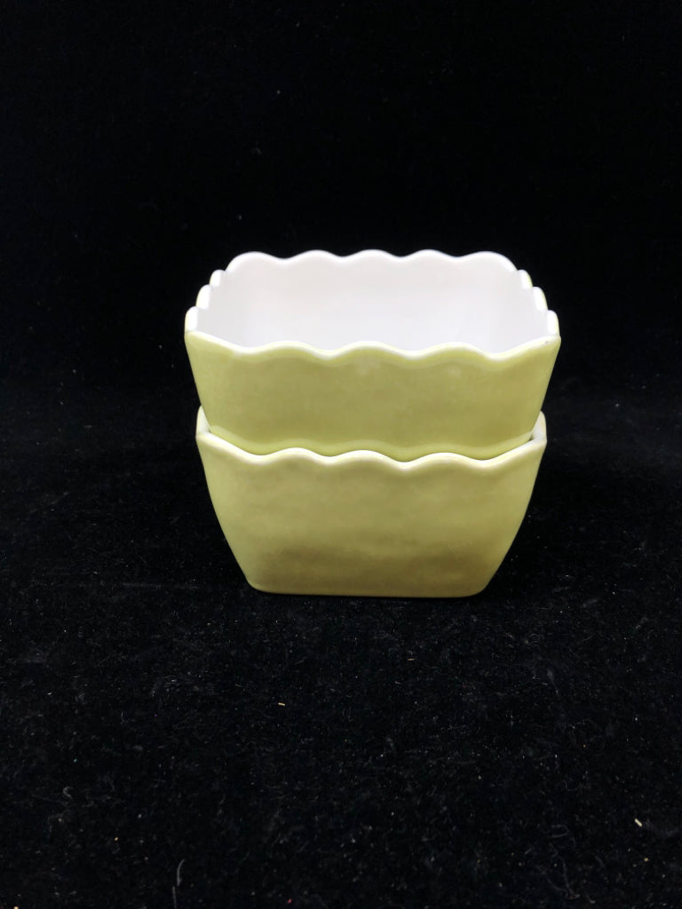 2 LIGHT GREEN SQUARE BOWLS W/ SCALLOP EDGE CRATE&BARREL.