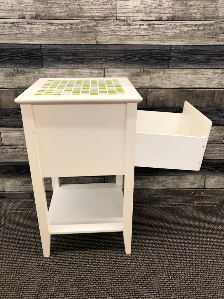 WHITE ONE DRAWER NIGHTSTAND W GREEN MOSAIC TOP.