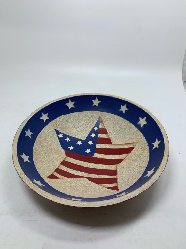 WOOD PAINTED AMERICANA THEMED DECORATIVE BOWL.