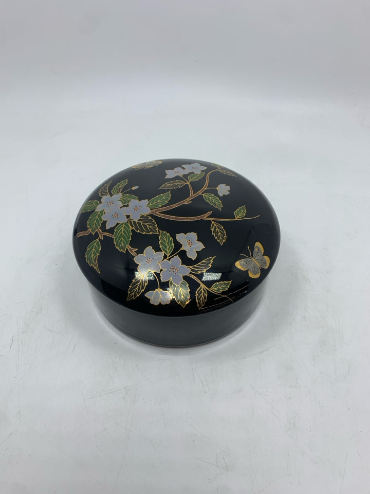 GILDED FLORAL BLACK CERAMIC TRINKET BOX.
