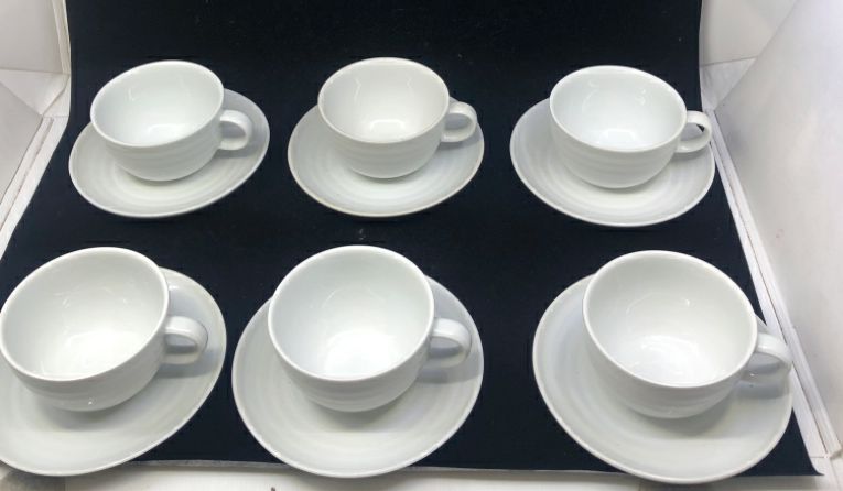 12 PIECE WHITE CUP AND SAUCERS - 6 CUPS AND 6 PLATES.