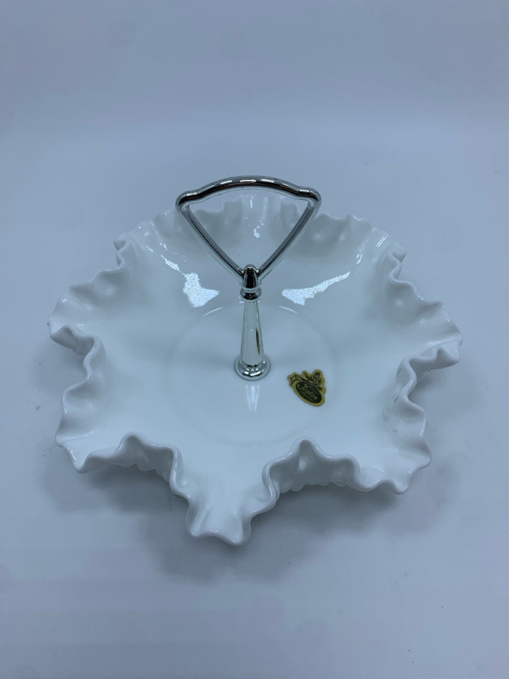 VTG FENTON MILK GLASS HOBNAIL RUFFLED EDGE CANDY DISH W/SILVER HANDLE.